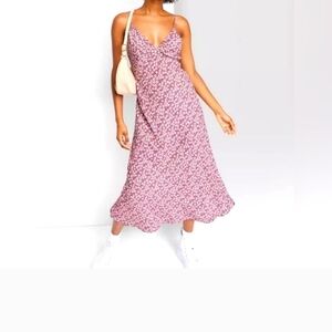 Pink and White Ruffled Midi Sundress with Spaghetti Straps